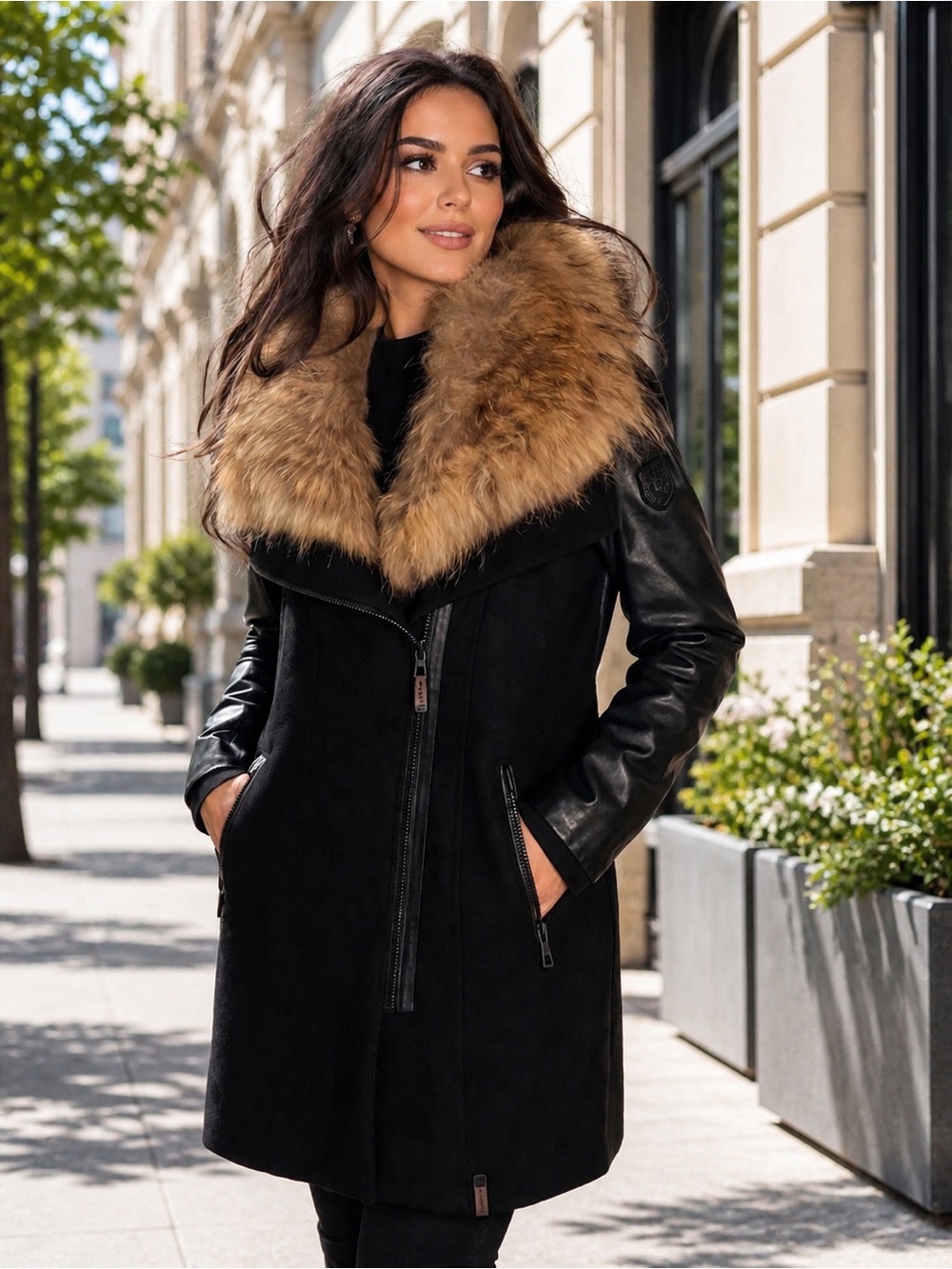 RUDSAK Black Coat with Fur Collar –  Leather sleeves